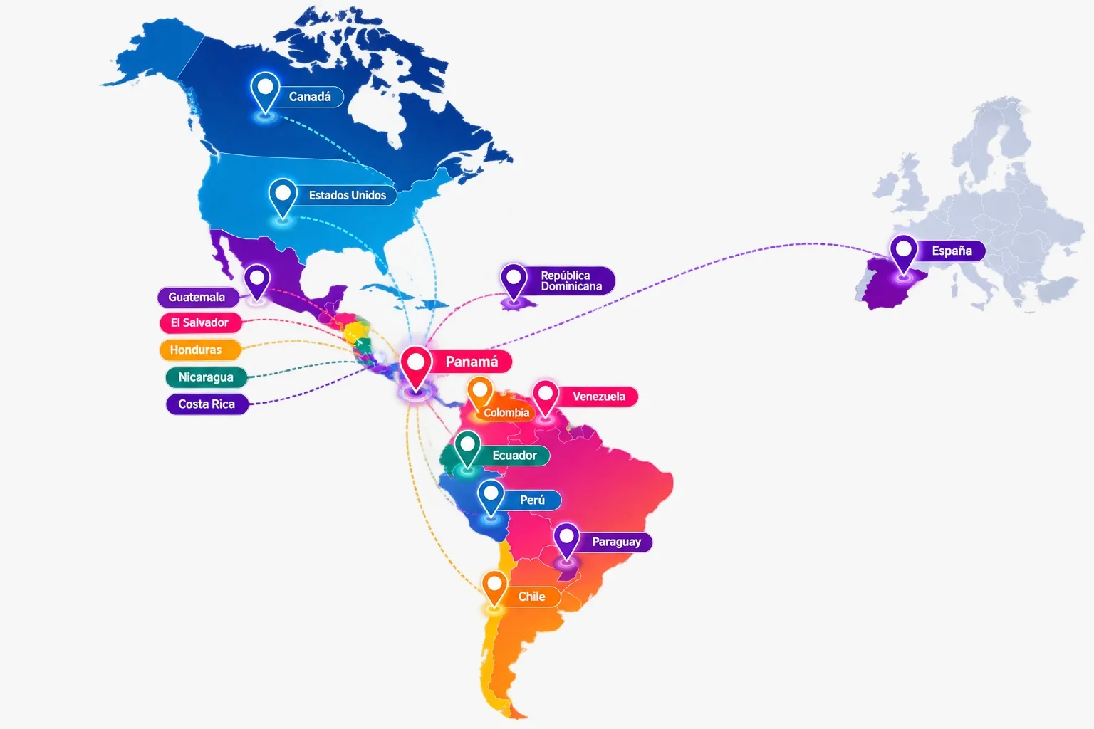 Mapa: Canadá, Estados Unidos, Guatemala, El Salvador, Honduras, Nicaragua, Costa Rica, Panamá, República Dominicana, Colombia, Venezuela, Ecuador, Perú, Paraguay, Chile, España